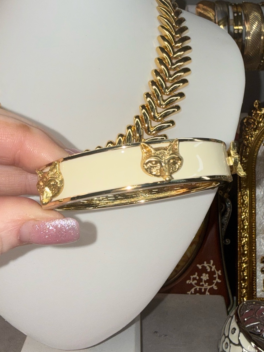 Gold Fox Motif Cream Enamel Hinged Bracelet